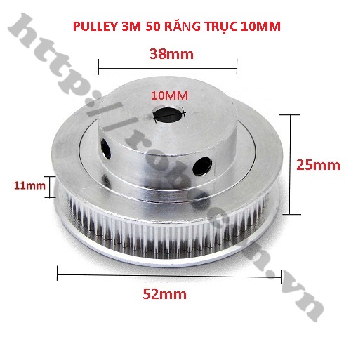 PULLEY BÁNH RĂNG NHÔM 3M50 50 RĂNG RỘNG ĐAI 11MM TRỤC 10MM 